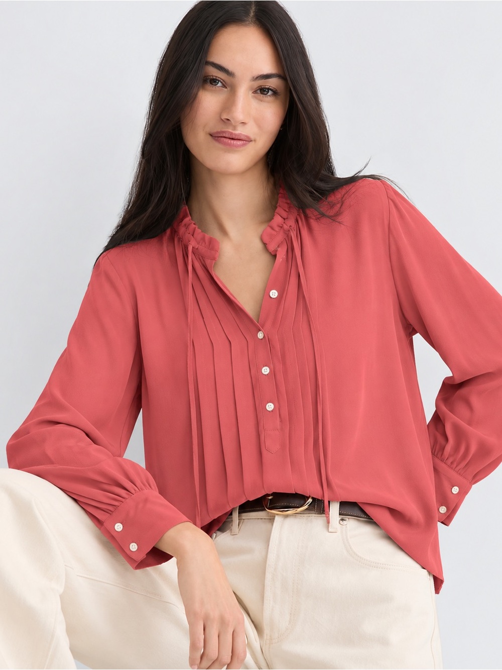 LOFT Ruffle Neck Pintuck Long Sleeve Blouse Work Top Career Pink Rose Fall M